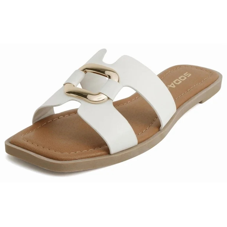 Soda Shoes Women Slip-On Sandals H-Band Flat Flip-Flops Slides Gold Buckle Square Toe FENG-S Whit... | Walmart (US)