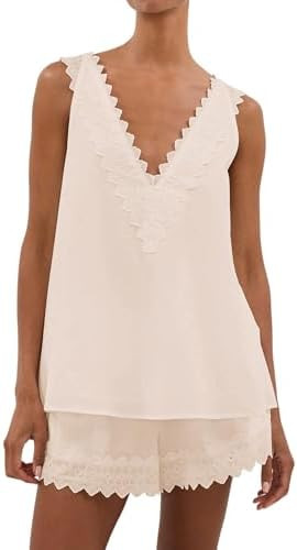 Women 2 Piece Lounge Sets Sleeveless V Neck Lace Trim Tank Top and Shorts Boho Casual Summer Vaca... | Amazon (US)
