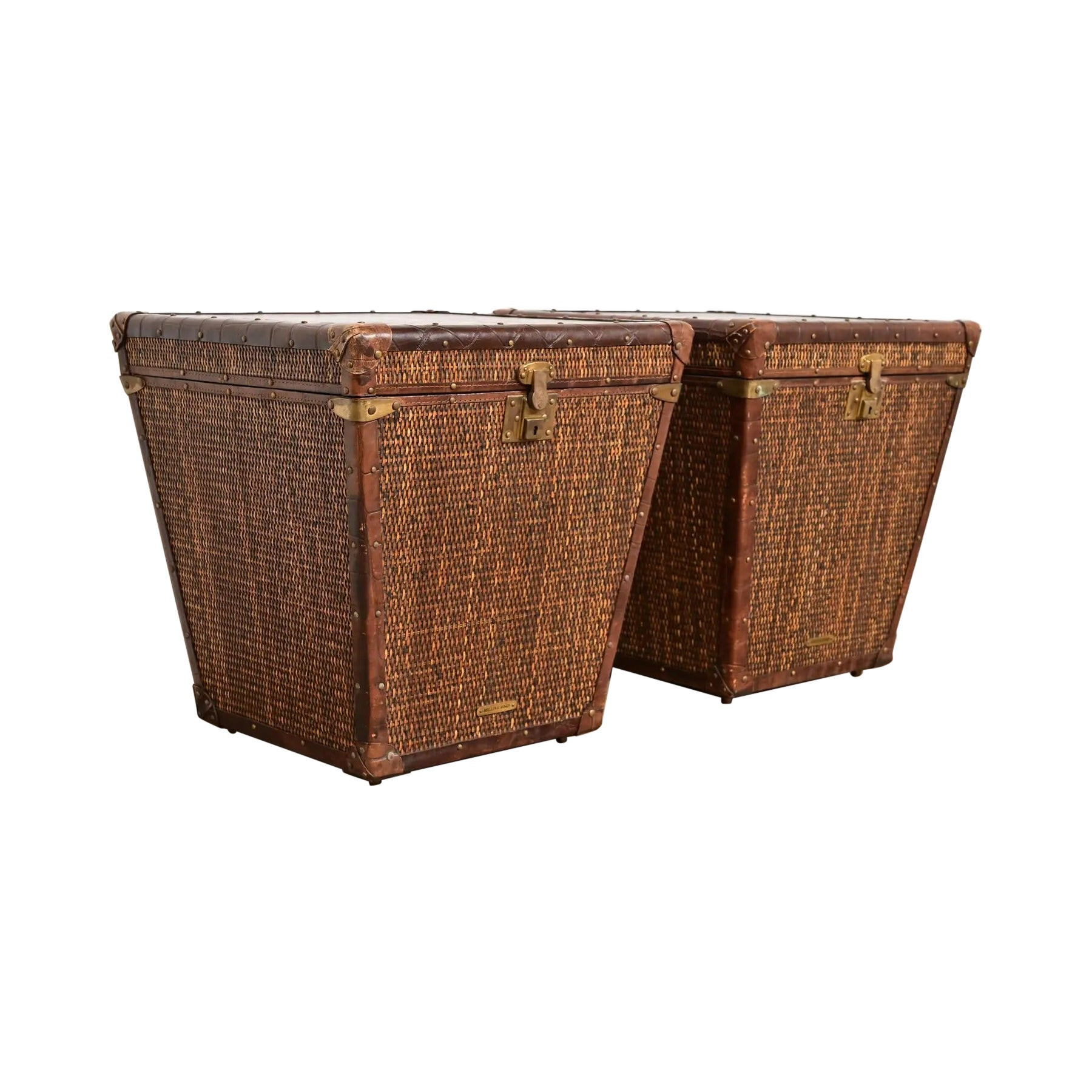 Baker Furniture Campaign Rattan and Leather Trunk Side Tables, Pair | 1stDibs