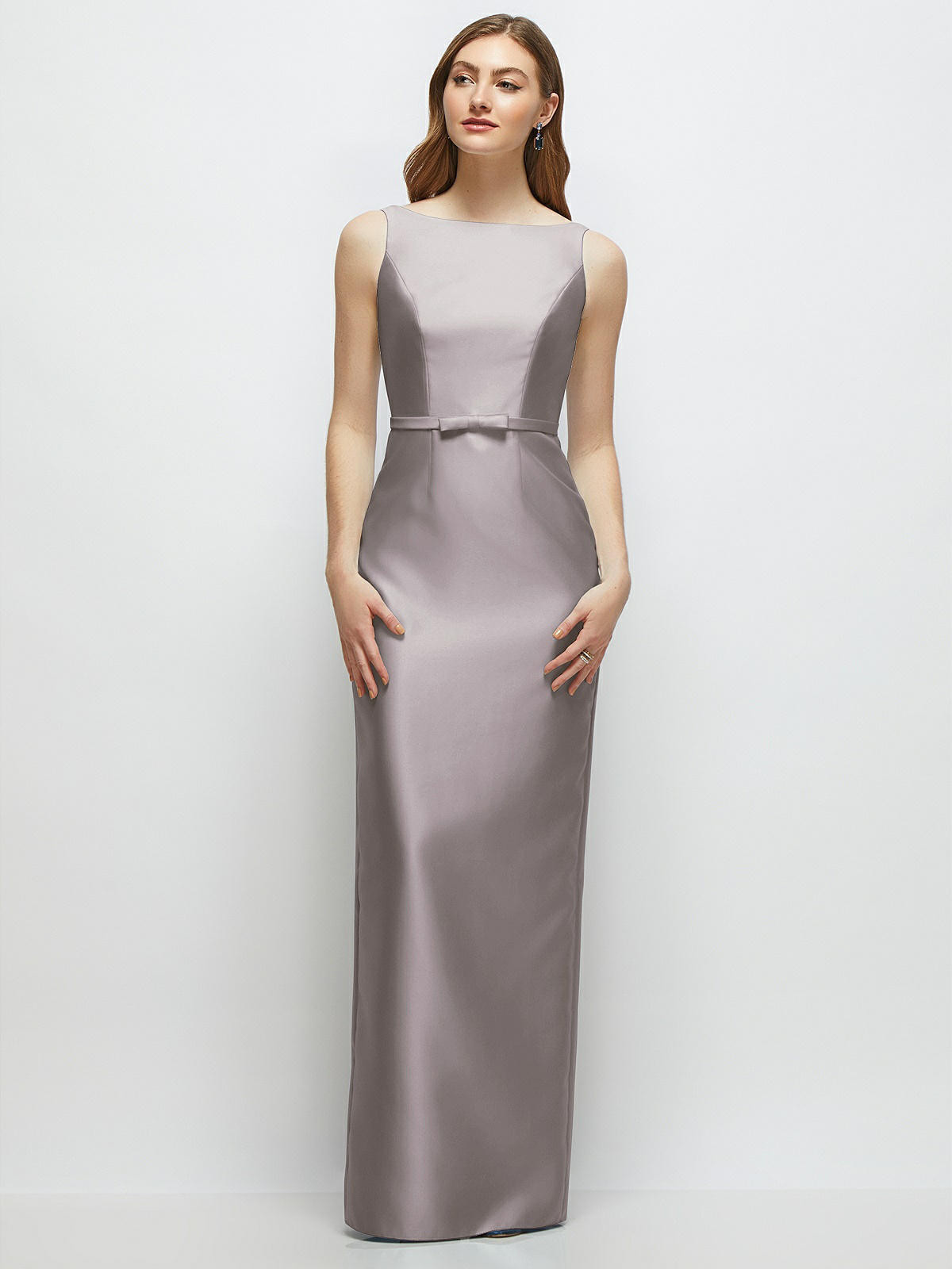 Bateau Neck Satin Column Dress with Bow-Trimmed Skinny Belt in Cashmere Gray | Dessy Group