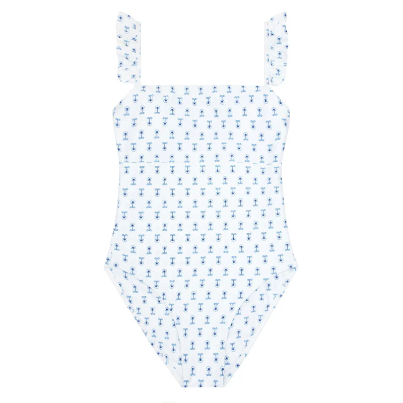 minnow x petite plume women's botanical block print ruffle sleeve one piece | minnow