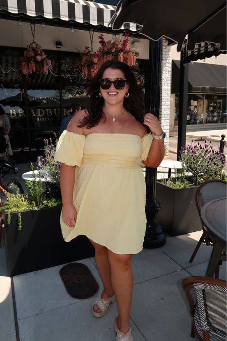 Bistro Spring vibes 🌼🥂✨ Yellow dress is actually a romper! Built in shorts that have plenty of room in the thighs. Wearing a size XL. 

#LTKstyletip #LTKplussize #LTKSeasonal