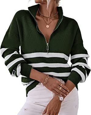 BTFBM Women’s Casual Long Sleeve Half Zip Pullover Sweaters Solid V Neck Collar Ribbed Knitted ... | Amazon (US)
