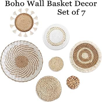 7 Pack Boho Wall Basket Decor - Seagrass Rattan Wicker Wall Decor Round Handmade Hanging Rustic F... | Amazon (US)