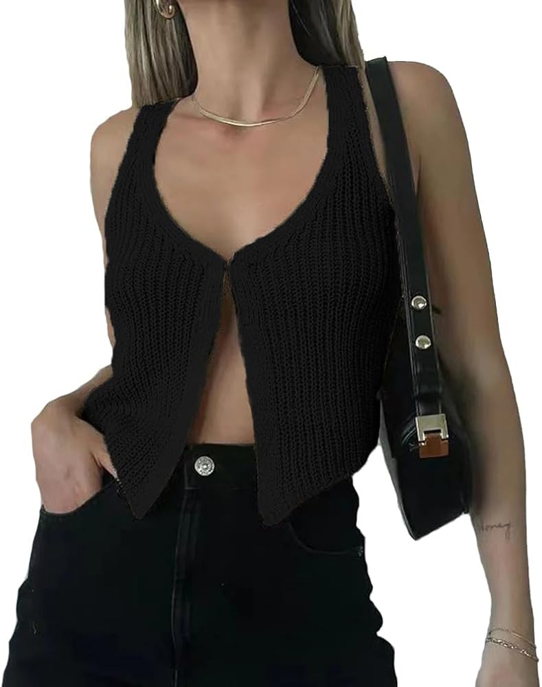 Women Y2k Vintage Hook Eye Knit Top Vest V Neck Sleeveless Solid Causal Open Front Sweater Vest S... | Amazon (US)