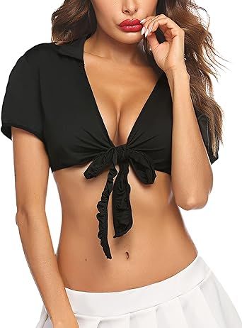 Avidlove Lingerie for Women Crop Top Tie up Shrug Cosplay Shirt Short Sleeve Bolero Cardigan | Amazon (US)