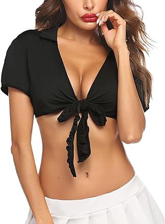 Avidlove Lingerie for Women Crop Top Tie up Shrug Cosplay Shirt Short Sleeve Bolero Cardigan | Amazon (US)