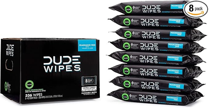 DUDE Wipes Flushable Adult Wipes - 8 Pack, 336 Wipes - Unscented Moist Wet Wipes with Vitamin-E &... | Amazon (US)