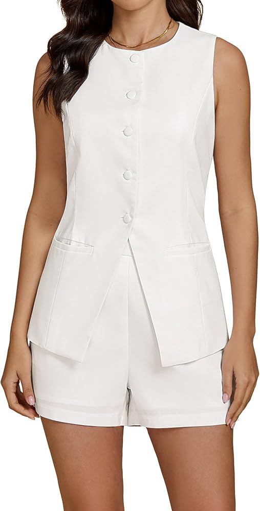 luvamia Linen Sets for Women 2 Piece Outfits Summer Shorts Button Down Vest Dressy Causal Vacatio... | Amazon (US)