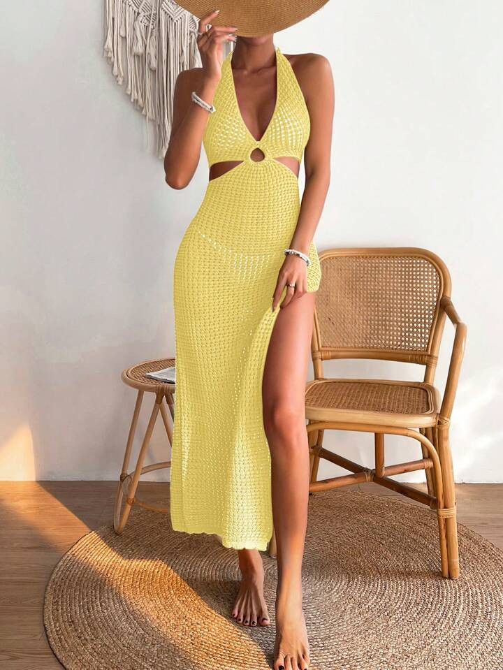 SHEIN VCAY Summer Solid Color High Slit Backless Halter Neck Cover-Up Dress | SHEIN
