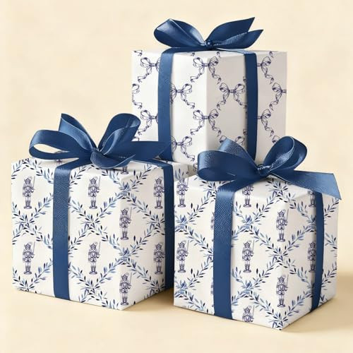 FYSUIMU 8 Sheets Christmas Nutcracker Wrapping Paper - Not Roll - Blue Nutcracke Bow Chinoiserie Folded Flat Gift Wrap Paper for Xmas Holiday Birthday Party DIY Crafts, 19.7 x 27.6 Inch | Amazon (US)
