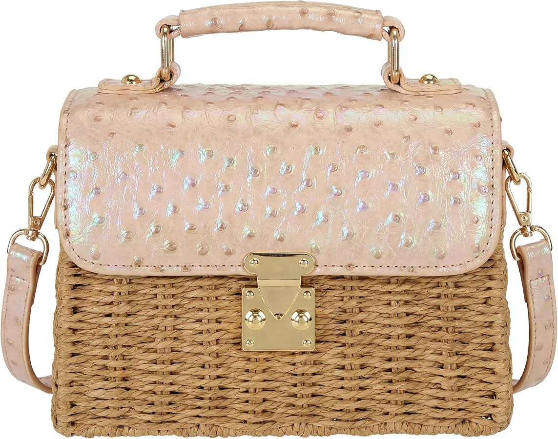 Women's Straw Bag Handmade - Vegan Leather Top-handle Handbags, with Gold and Crocodile Embossed,... | Amazon (US)