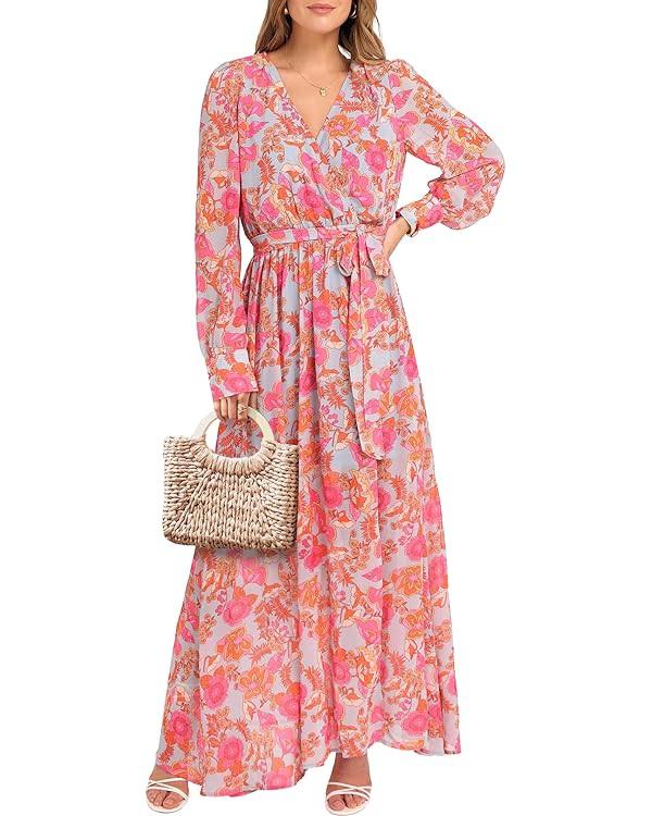 ANRABESS Women’s Long Sleeve Floral Maxi Dress Boho Flowy Wrap Slit V Neck Beach Fall Wedding G... | Amazon (US)