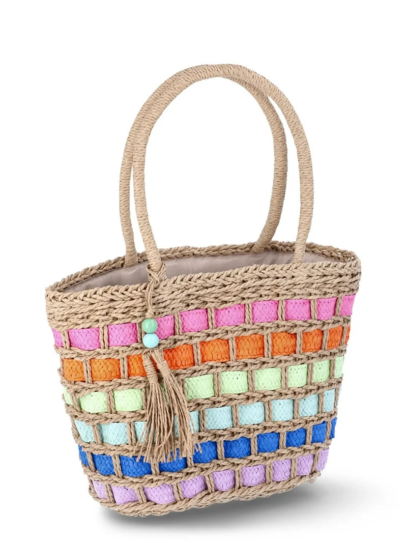 No Boundaries Festival Straw Top Handle Bag, Natural/Rainbow, Women's | Walmart (US)