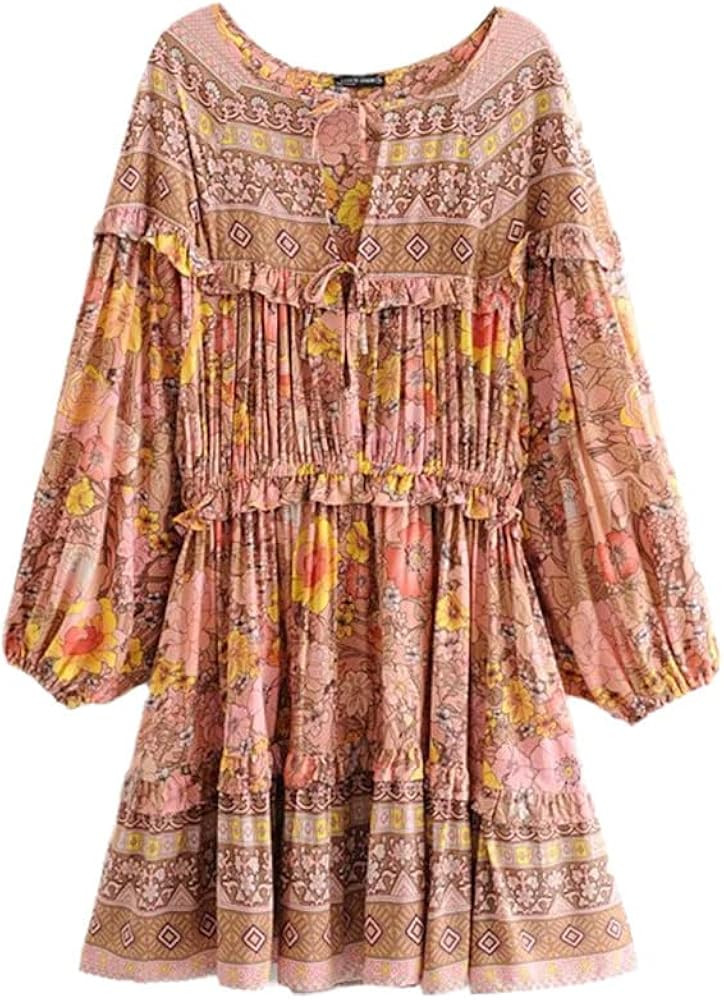 Women Floral Print Lace Up Tassel Beach Bohemian Mini Dresses Robe V Neck Ruffles Sun Dress | Amazon (US)