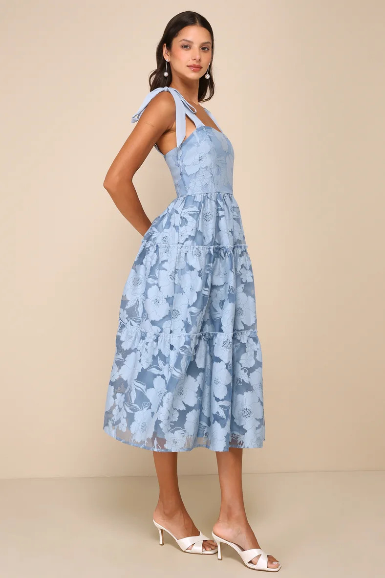 Proof of Perfection Blue Floral Tiered Tie-Strap Midi Dress | Lulus
