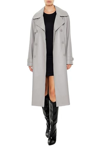 Forever 21 Women's Faux Leather Notched Trench Coat Grey X-Large | Amazon (US)