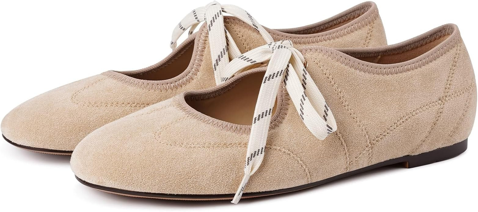 Lace Up Ballet Flats for Women Mary Jane Shoes | Round Toe, Faux Suede, Slip On, Low Heel, Soft I... | Amazon (US)