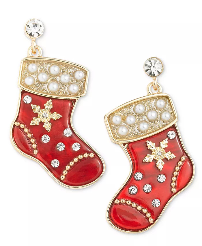 Holiday Lane Gold-Tone Pavé & Imitation Pearl Stocking Drop Earrings, Created for Macy's - Macy'... | Macy's