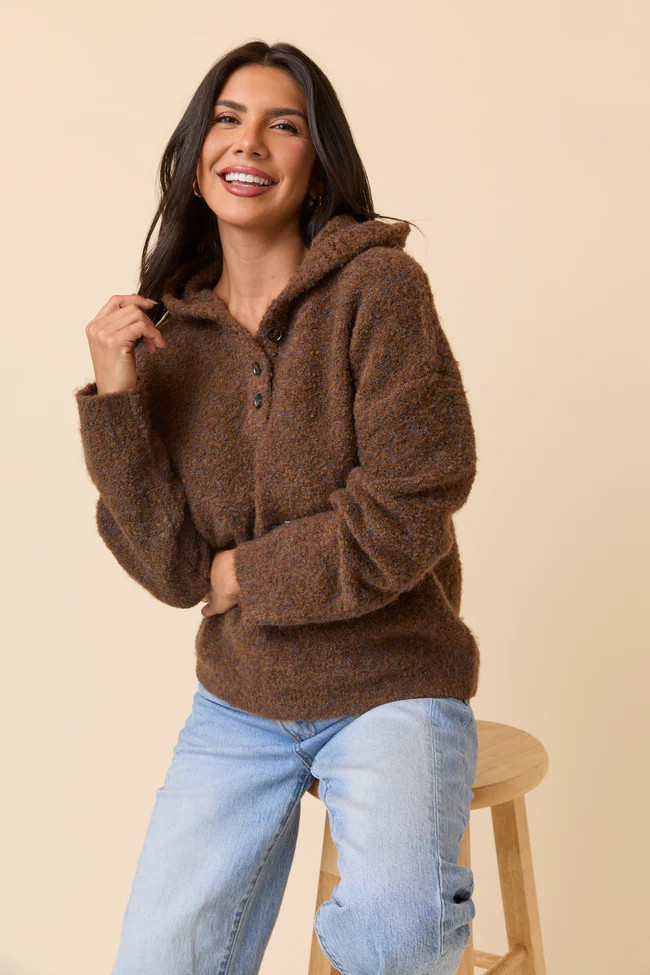 Leona Chocolate Hooded Buttoned Sweater SALE | Pink Lily
