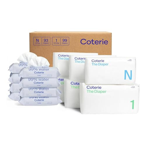 Coterie Baby Wipes + Diapers Kit, Size 1 (99 Count) & Size Newborn Diapers (93 Count), 8 Pack (448) Baby Wipes with 99% Water, Plant Based Materials, Hypoallergenic for Sensitive Skin | Amazon (US)