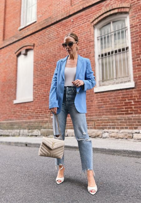 Blue blazer, spring outfit, white mule sandals, business casual, straight leg jeans 

#LTKstyletip #LTKunder50 #LTKshoecrush