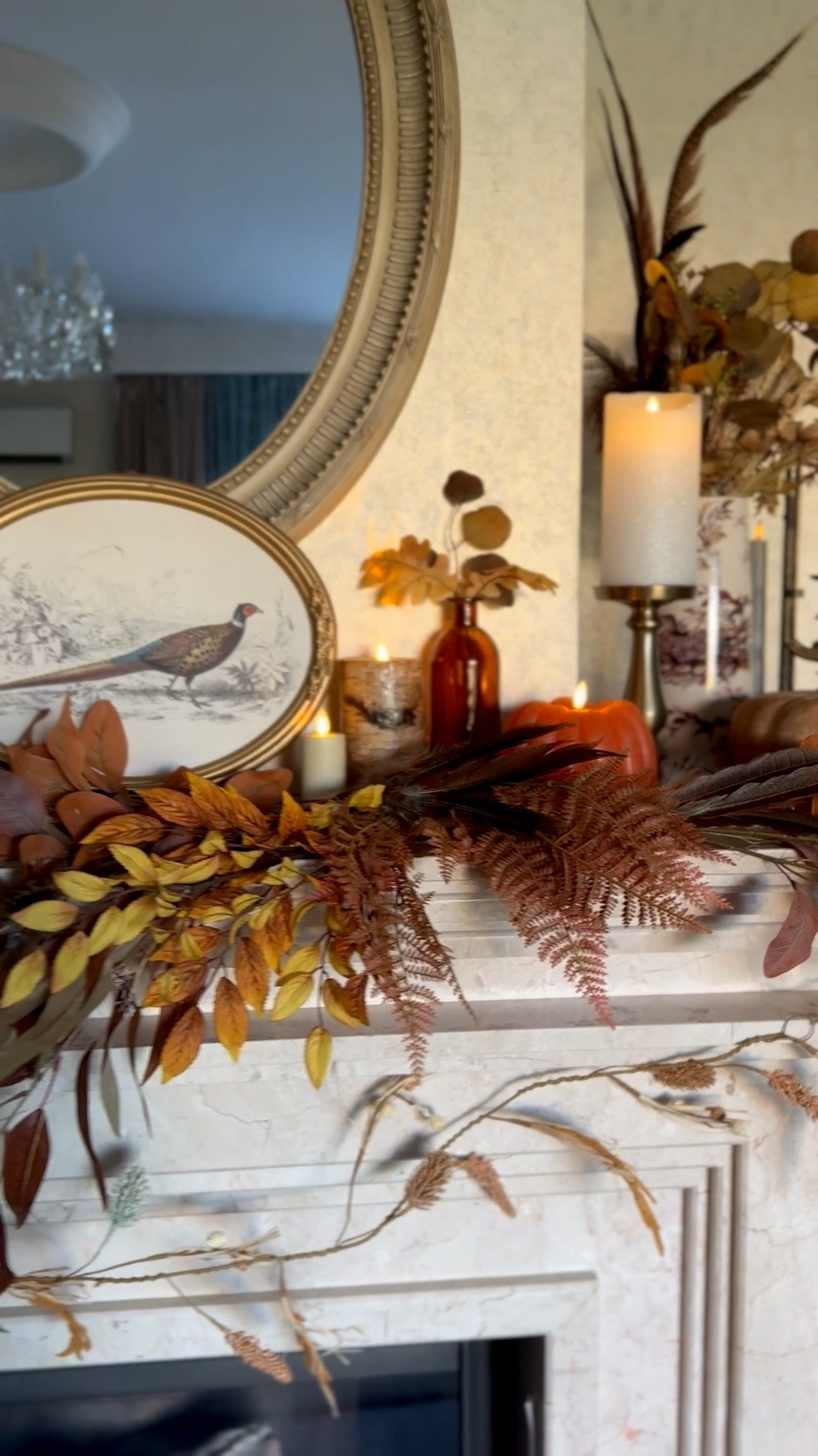 Fall home decor, fall living room mantel decor, pumpkin candle, pheasant art print, @Michaels fall stems