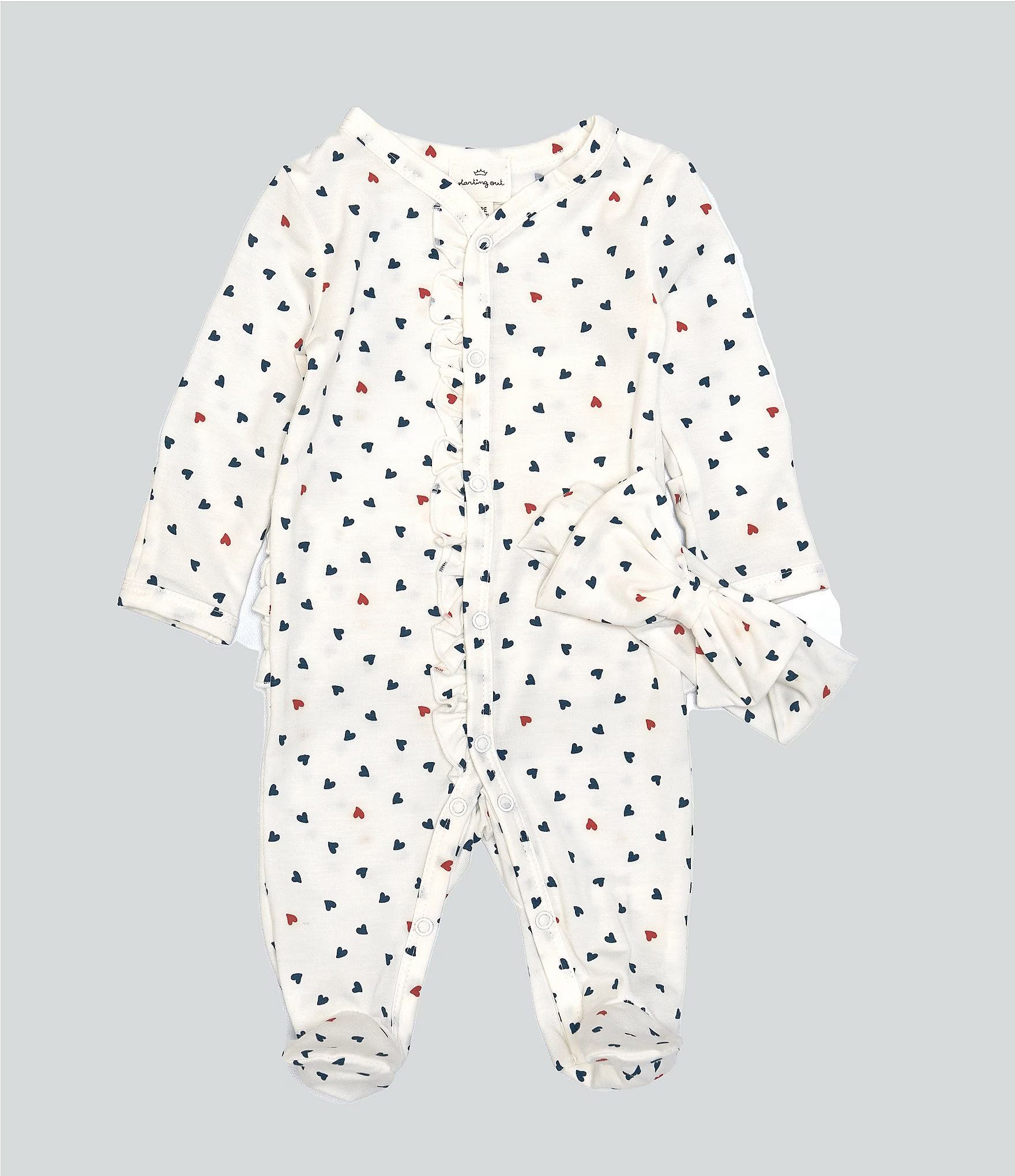 Baby Girls Preemie - 9 Months Long Sleeve Footed Heart Print Coverall & Headband Set | Dillard's