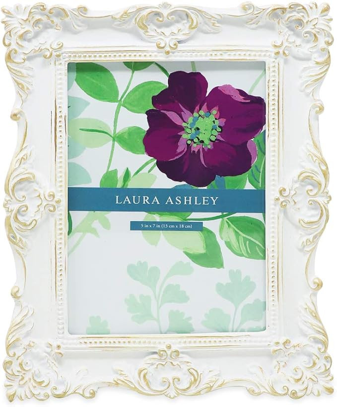 Laura Ashley 5x7 White & Gold Ornate Textured Hand-Crafted Resin Picture Frame w/Easel & Hook for... | Amazon (US)