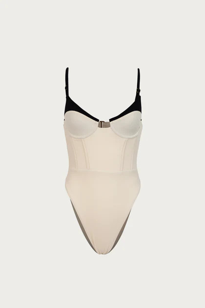 Double Layer Corset One Piece (Faux Suede Cream/Black) | SAME