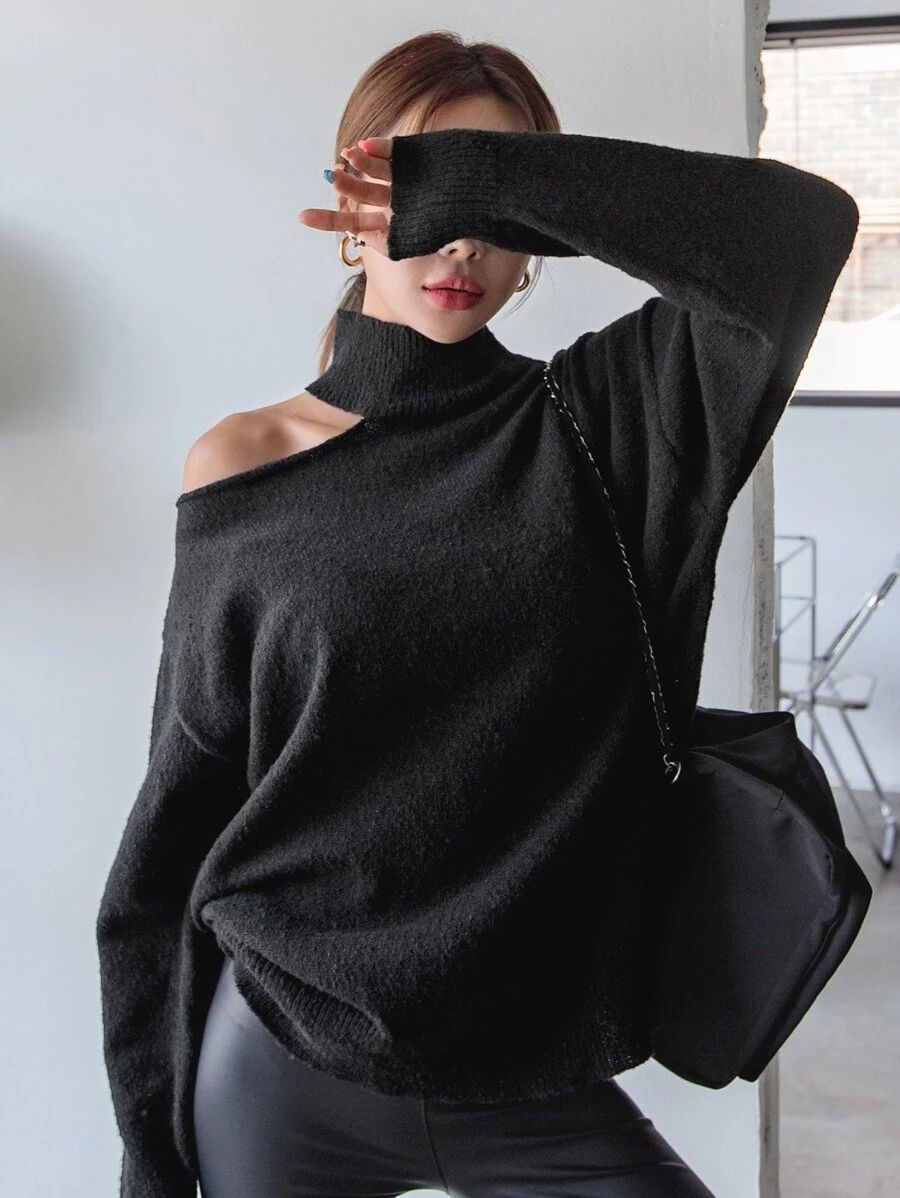 HomeWomen ClothingWomen KnitwearWomen SweatersDAZY Asymmetrical Neck Drop Shoulder Sweater | SHEIN
