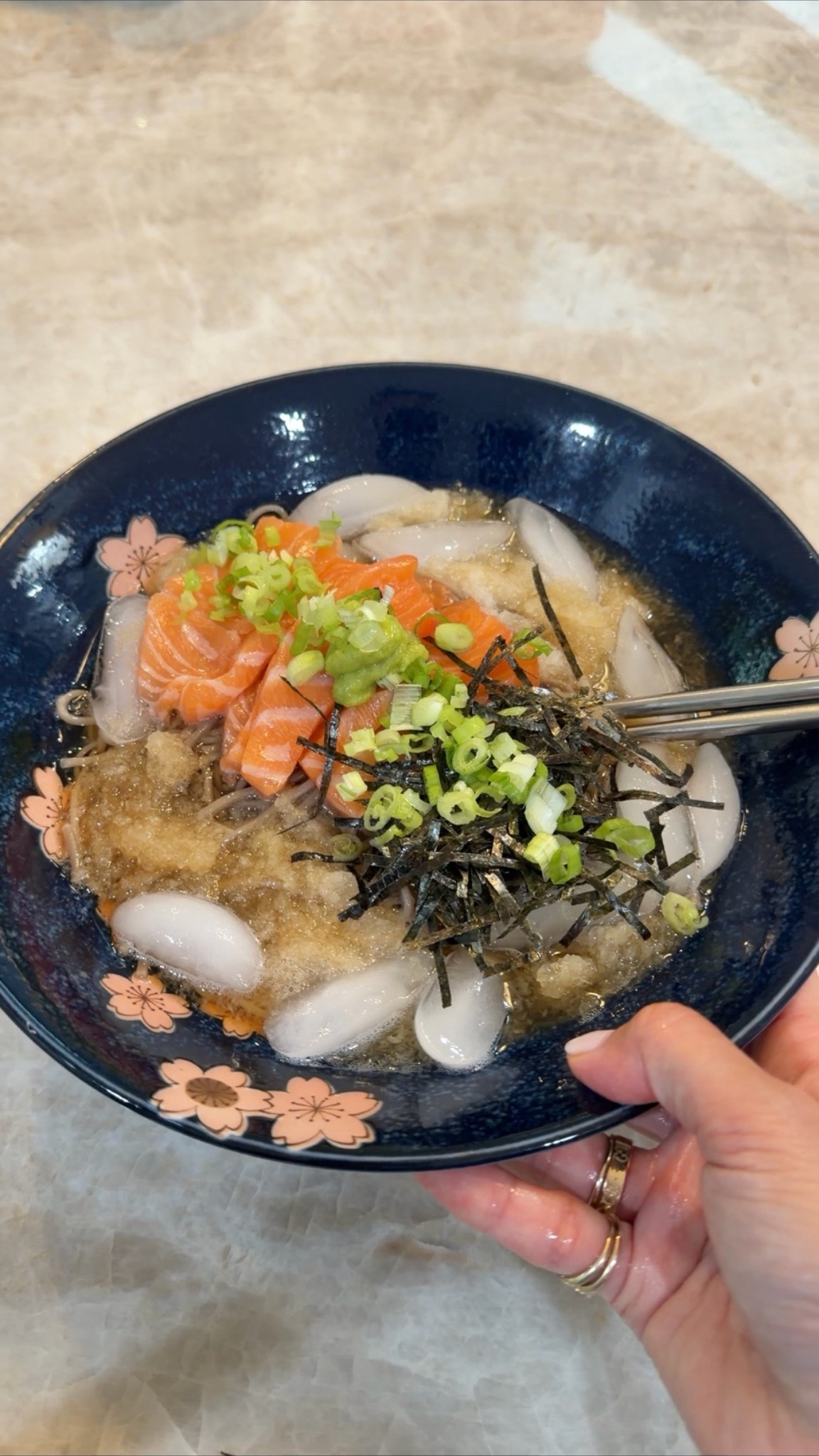 For cold soba noodles, I also like to add grated Korean radish or daikon and chopped green onions. I also dilute the soup base with water / ice to my liking!