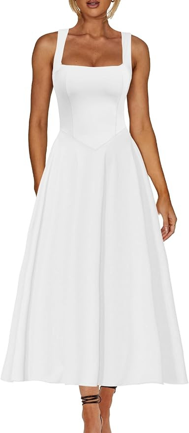 Kaximil Women's Square Neck Sleeveless A Line Maxi Dress Smocked Ruffle Flowy Casual Long Dresses | Amazon (US)
