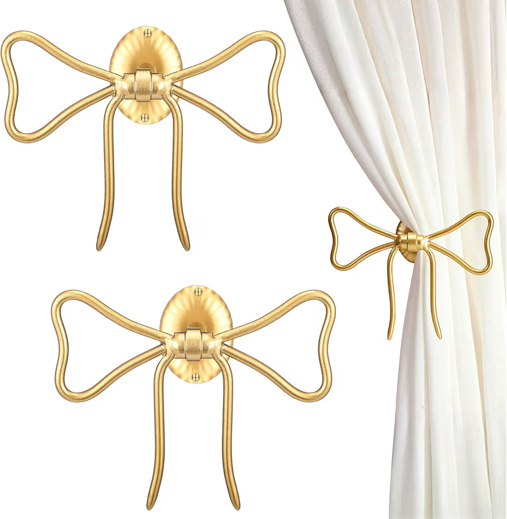 Kathfly 2 Pcs Bow Curtain Holdbacks Gold Metal Curtain Tiebacks Wall Mounted Bow Wall Hooks Pull Back Hooks Decoration for Office Bedroom Living Room Home Decorative | Amazon (US)