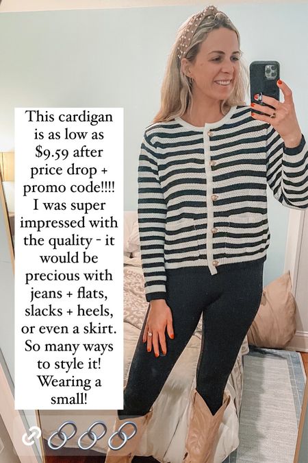 This black and white designer look alike cardigan is as low as $9.59 after price drop + promo code!!! Code: 402OYXUP (can expire any time). I was super impressed with the quality - it would be precious with jeans + flats, slacks + heels, or even a skirt. So many ways to style it! Wearing a small!

#LTKfindsunder50 #LTKworkwear #LTKsalealert