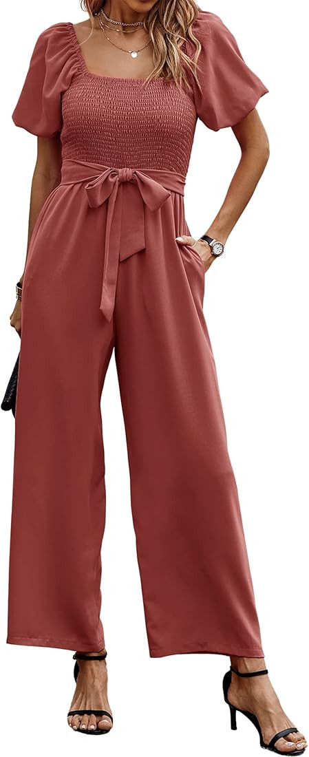 Angashion Women's Jumpsuits Square Neck Puff Short Sleeve Smocked Waist Wide Leg Outfit Rompers P... | Amazon (US)