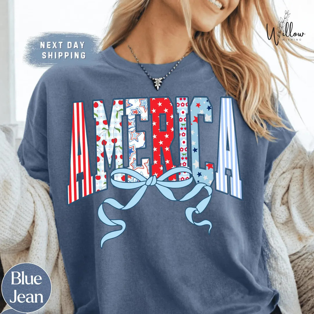 USA Bow Comfort Colors Shirt, Patriotic Graphic Tee, Red White Blue Shirt, Americana Tee, 4th of ... | Etsy (US)