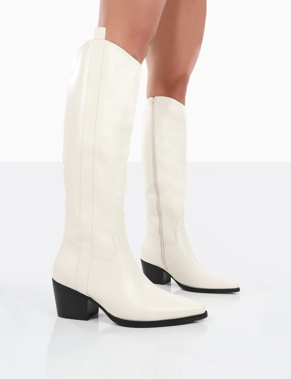 Texas Ecru PU Knee High Pointed Toe Heeled Western Cowboy Boots | Public Desire (US & CA)