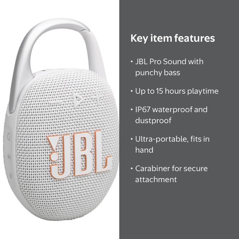 JBL Clip 5 - Ultra-portable waterproof speaker - White | Walmart (US)