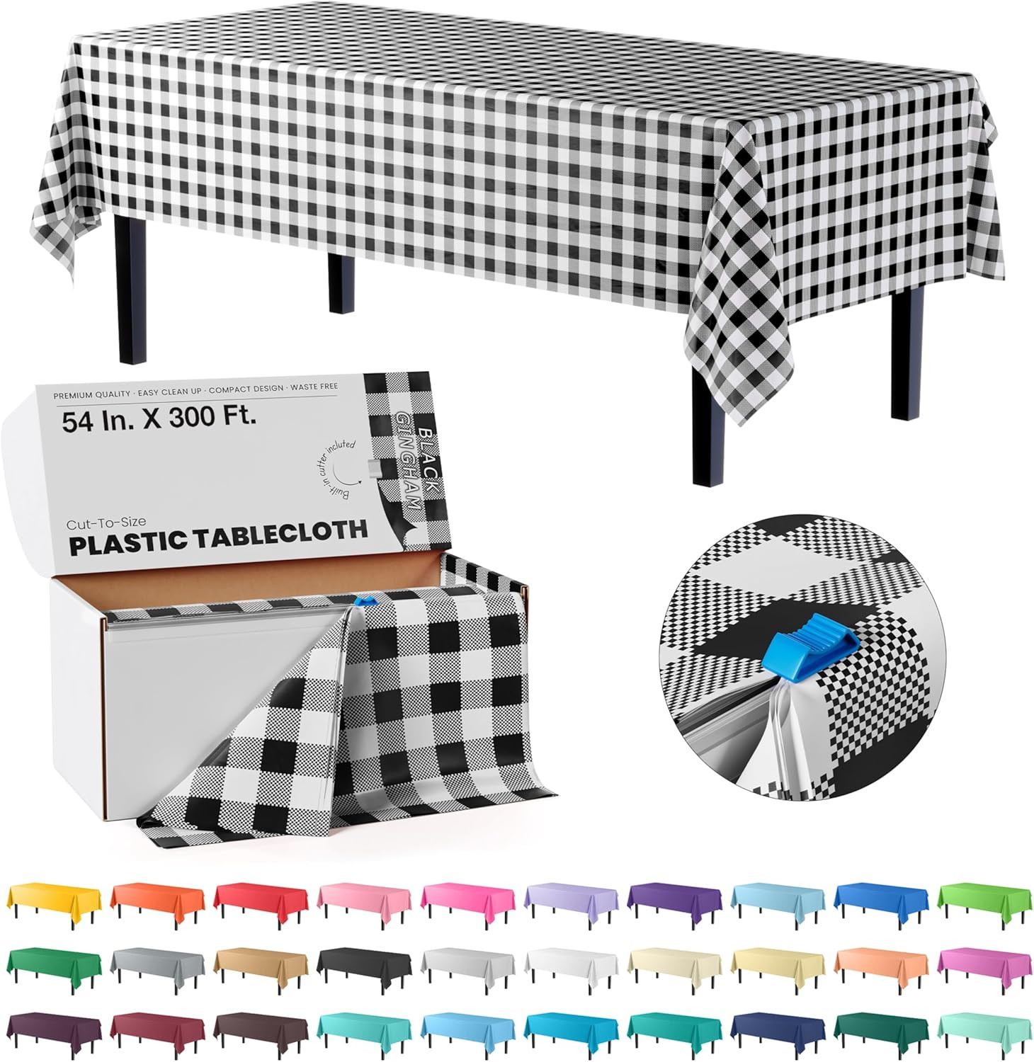 Party Solids 54 Inch X 300 Feet Black Gingham Plastic Table Cover Roll in A Cut - to - Size Box w... | Amazon (US)