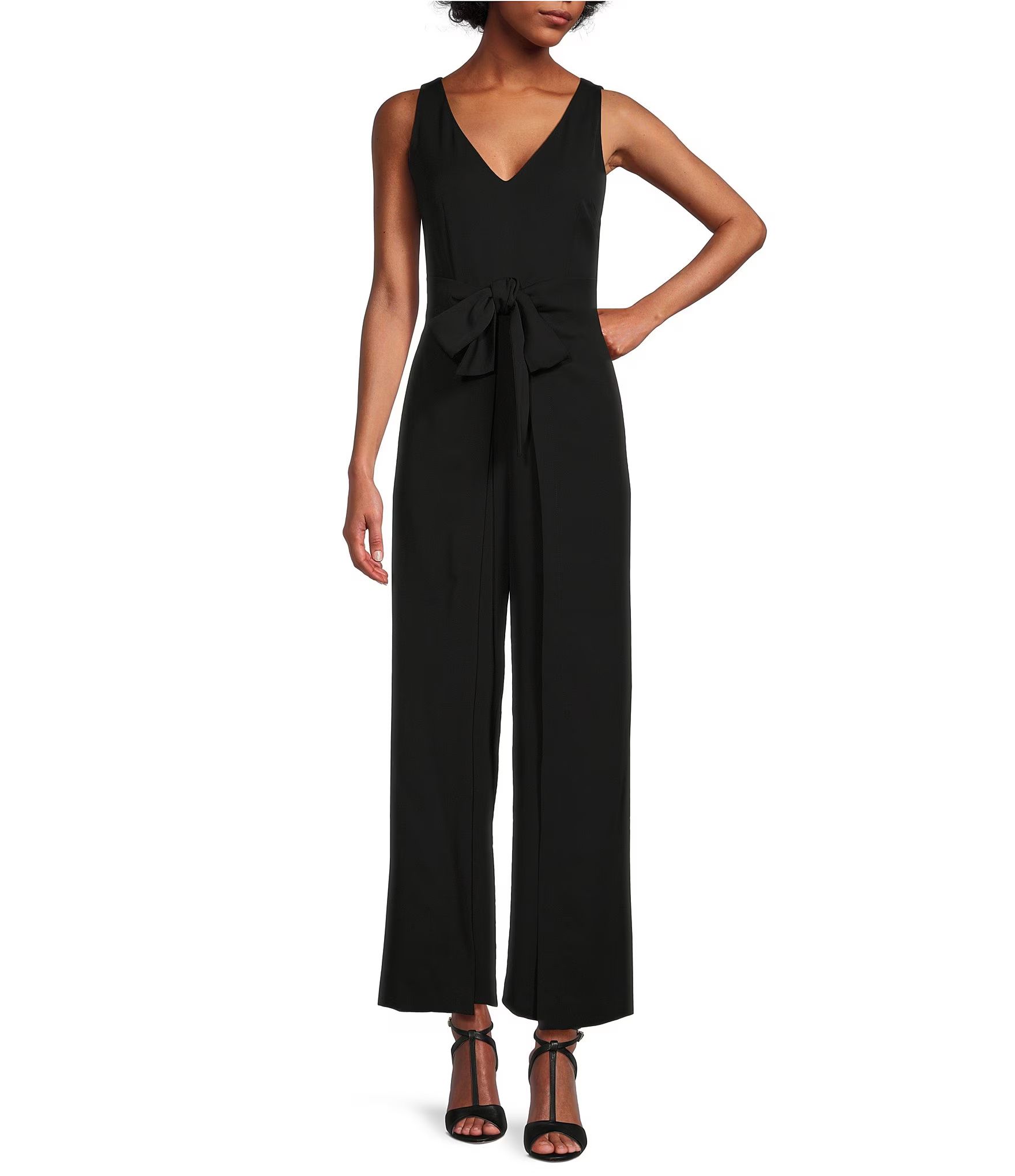 Asia Stretch Crepe V-Neck Sleeveless Split Leg Tie Waist Jumpsuit | Dillard's