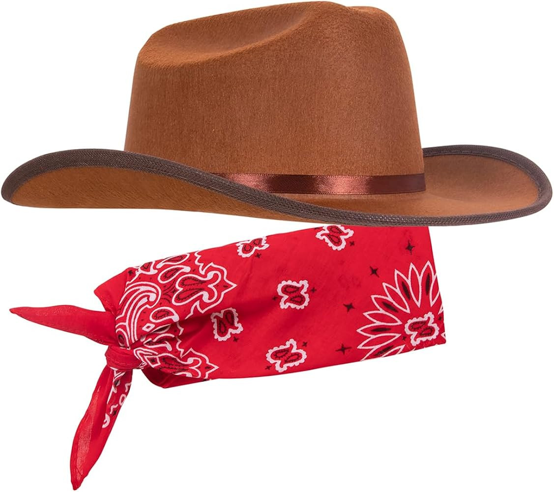 Junior Brown Cowboy Hat with Red Bandana Set - Kids Western Wear with Felt Cowboy Hat for Boys, K... | Amazon (US)