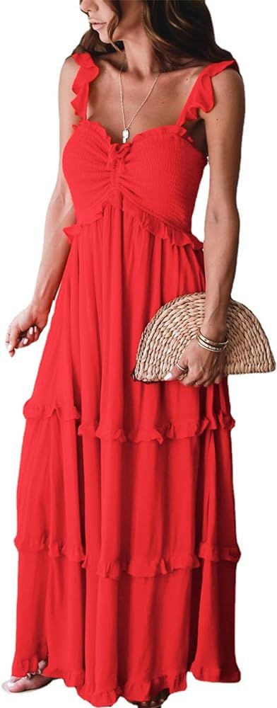Rooscier Women's Square Neck Ruffle Straps Shirred Ruched Sleeveless Maxi Dress | Amazon (US)