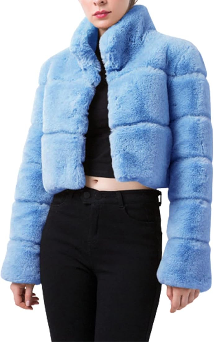 cllios Faux Fur Coat Women Cropped Fuzzy Fleece Lapel Jacket Party Tops for Winter Warm Open Front C | Amazon (US)