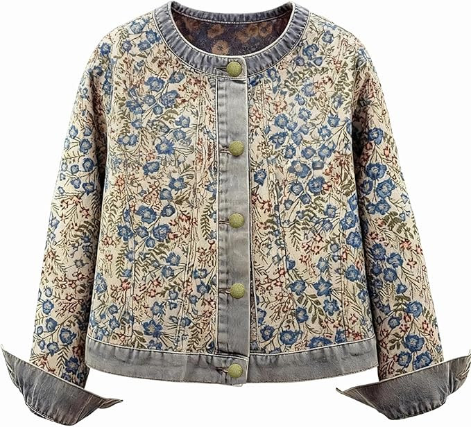 Women's Denim Bomber Jacket Long Sleeve Round Neck Jacquard Jean Coat Vintage Coat Outerwear | Amazon (US)