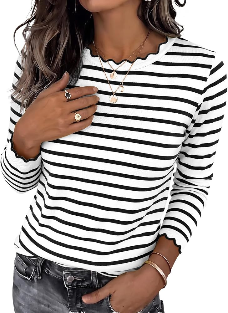 Tankaneo Womens Long Sleeve Striped Shirts Casual Cotton Scalloped Tops | Amazon (US)