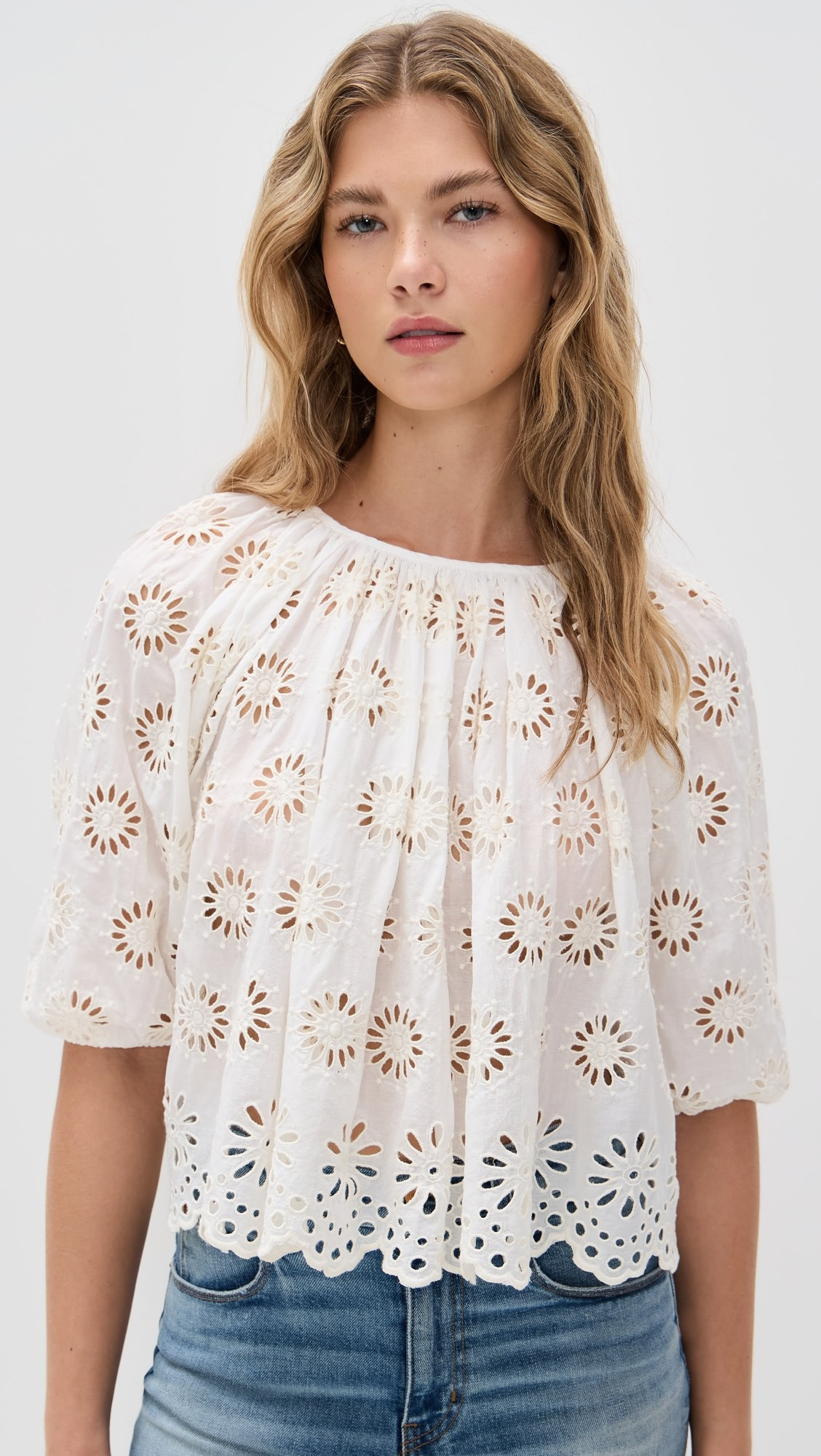 Embroidered Shirred Puff-Sleeve Top | Shopbop