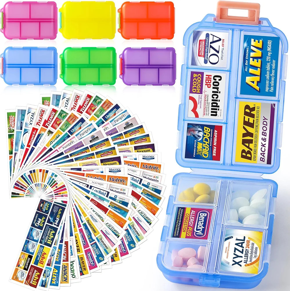 6 Pcs Travel Pill Organizer Box w/ 600 Brand Labels & 84 White Labels - 10 Grids Small Medicine K... | Amazon (US)