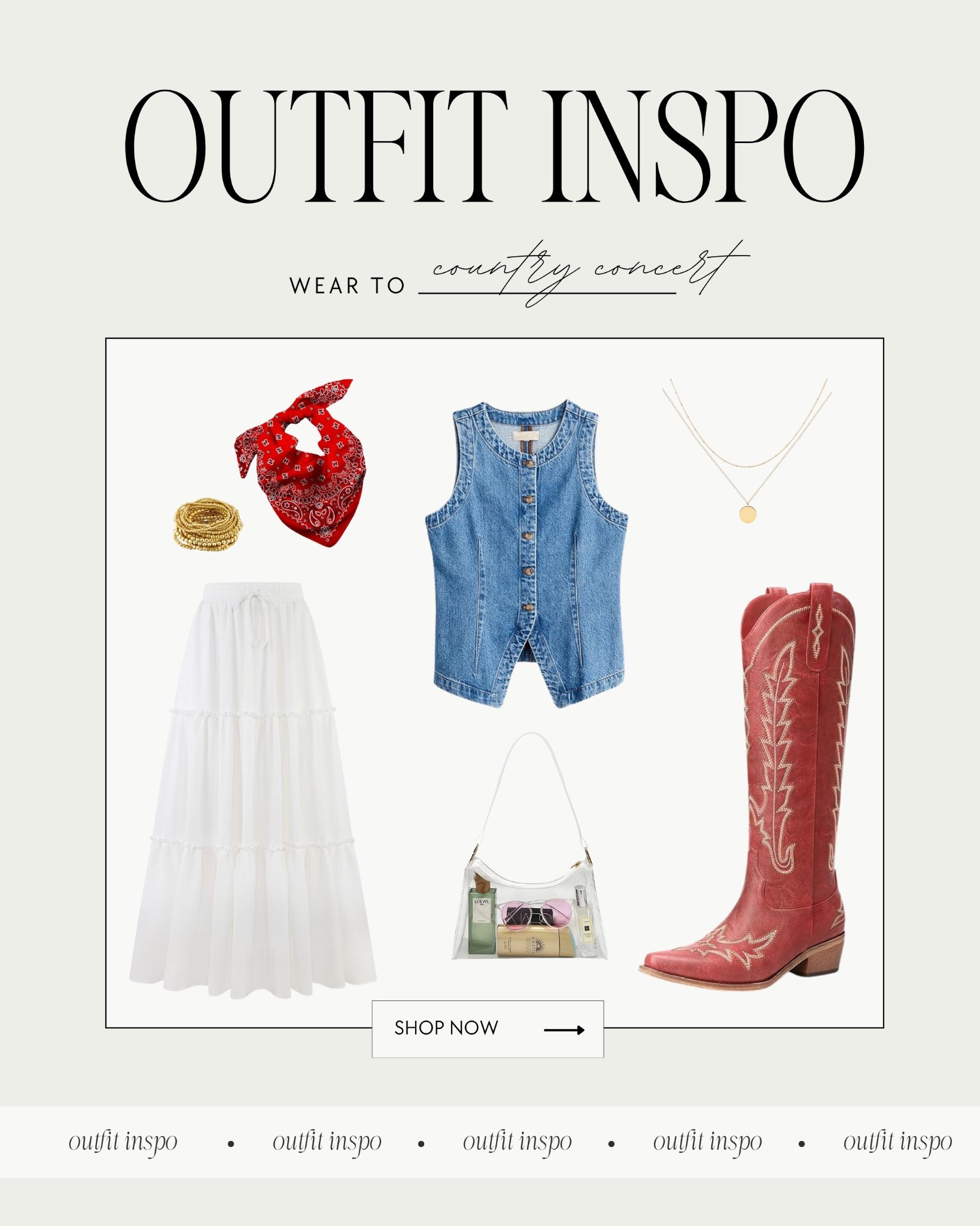 Outfit // country concert // country concert outfit // spring // skirt // vest // white maxi skirt // denim vest // boots // red // red boots // bandana 

#LTKTravel #LTKFestival #LTKootd
