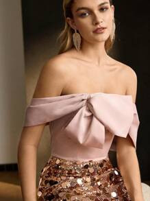 MOTF PREMIUM OFF SHOULDER BOW FRONT SEQUINS HEM SLIM FIT COCKTAIL DRESS | SHEIN